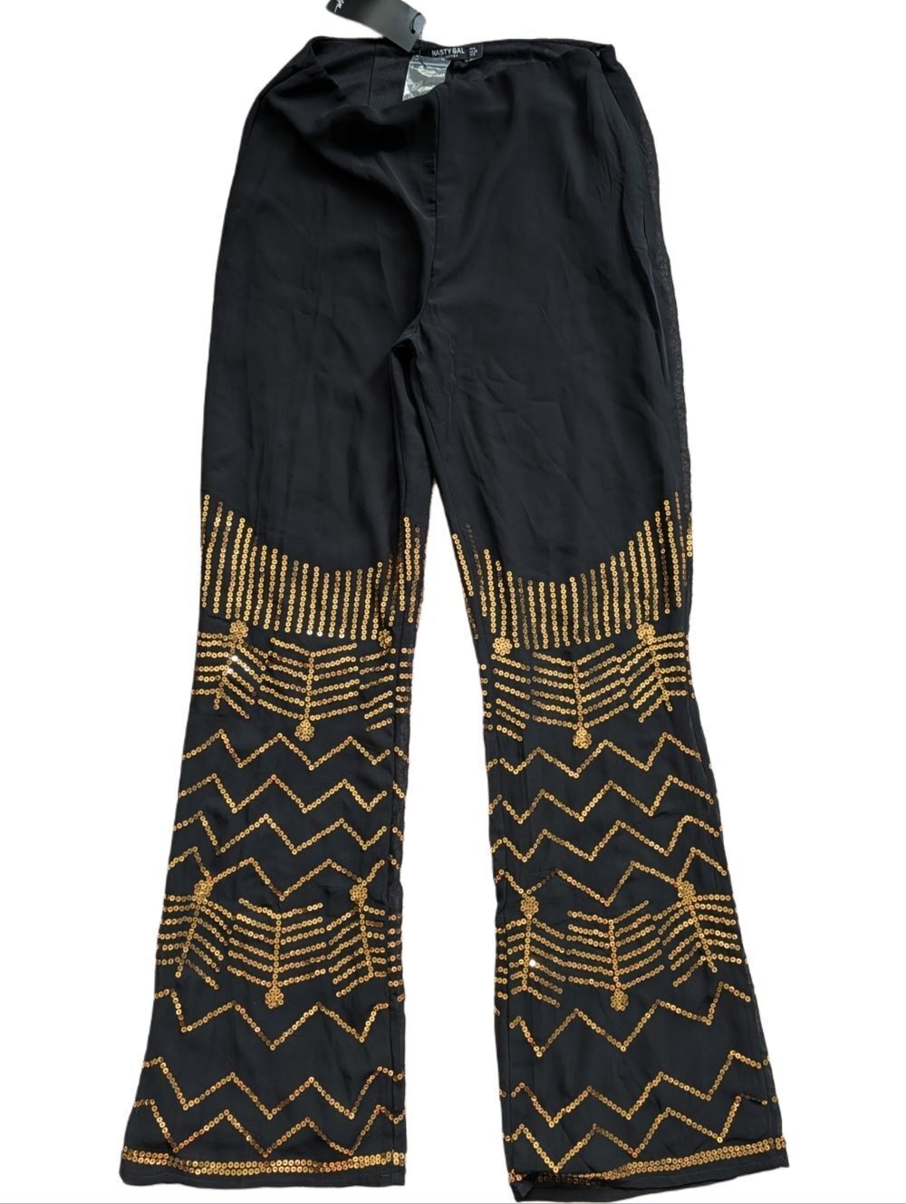 Nasty Gal Womens Black Gold Sequin Detail Kickflare Festival Pants NWT Size 4